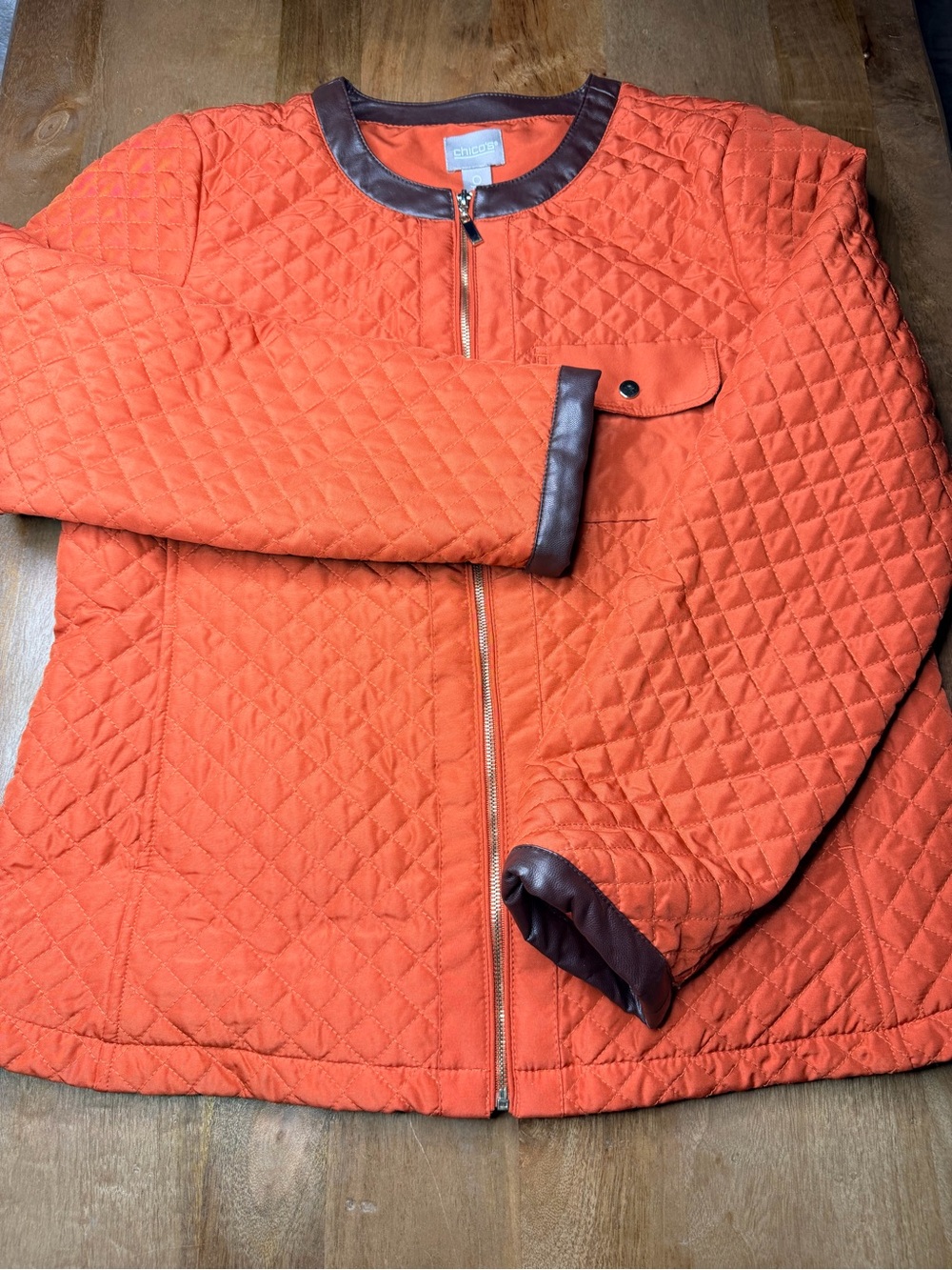 Chico's Quilted Orange Bomber Jacket with Brown Contrast Trim